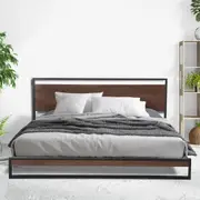 AZURE Metal Bed Frame with Wooden Headboard Black Single