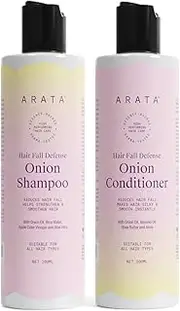 Arata Hair Fall Defense Onion Combo (Onion Shampoo 200 ML & Onion Conditioner 200 ML) Reduces Hair Fall | Makes Hair Silky & Smooth Instantly | With Onion Oil, Shea Butter, Rice Water and Amla