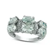 Oval Aquamarine and Natural Diamond Accent Six Stone Ring in Solid 10K White Gold