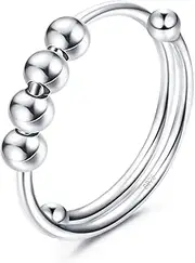 [Kakonia] 925 Sterling Silver Anxiety Rings for Women Adjustable Open Beads Ring Stackable Band Rings Rotatable Spinner Fidget Ring