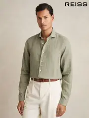 Reiss Thyme Green Ruban Linen Button-Through Shirt (AW5793) | $195