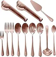 Rose Gold Serving Utensils, 12 Pcs Stainless Steel Buffet Serving Utensil with Serving Spoon Slotted Spoons Serving Forks Soup Ladle Serving Tongs Pie Server, Utensils Set Great for Banquet
