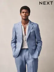Light Blue Slim Fit Linen Suit Jacket (E94503) | $218