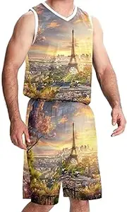 [KQNZT] Basketball Jersey and Shorts, Outfit Tank Top Track Shorts, Men's Athletic Basketball Jersey, Eiffel Tower Sunset Paris Painting