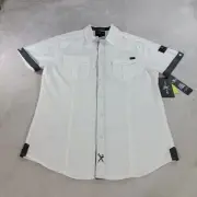 Marc Ecko Cut/Sew Shirt Men M White Gray Short Sleeve Button Up Contrast Detail