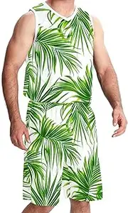 [KQNZT] Basketball Jersey and Shorts, Outfit Tank Top Track Shorts, Men's Lightweight Rec Tanks, Tropical Leaf Palm Monstera Modern