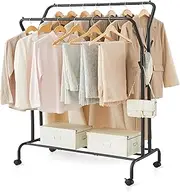 SONGMICS Clothes Rail, Clothes Rack, Double Clothes Hanging Rail, Heavy-Duty Metal Frame, with Wheels and Shelf, 100 kg Total Max. Load, 103.5 cm Wide, Clothing Storage, Black HSR107B01