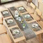 Farmhouse Table Runner and Placemats Set of 6, Abstract Brown Grey Painting A...