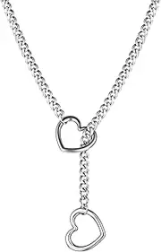 [KOFISNI] Heart O-ring Slip Chain Necklace For Women Punk Rock Stainless Steel Cuban Long Handmade Necklace Jewelry Gifts Adjustable Lariat Y-Necklace Heart Locker With Key
