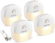 AUVON Rechargeable Mini Motion Sensor Night Light, 2nd Gen Warm White LED Stick-On Closet Light with Dusk to Dawn Sensor, Adjustable Brightness for Wall, Stairs, Cabinet, Hallway (4 Pack)
