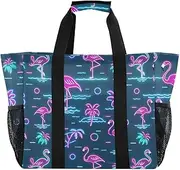 [sanluoli] Tote Bag For Women Collapsable Beach Tote Sandproof with Handles Cars Tote Bag, Summer Neon Flamingo Wave Navy Blue, 1 size