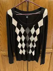 NEW Tags Tommy Hilfiger Women’s Argyle Sweater Black W/Pink & Gray Size Medium