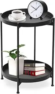 Round Side Table 2-Tier Black Sofa Table Small Tray Metal End Table Foldable Accent Coffee Table for Small Spaces Bedroom Patio Coffee Round Table Bedside End Table with Detachable Tray Top