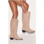 Taupe Faux Suede Point Toe Knee High Western Boots, Taupe