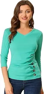[Allegra K] Women's V Neck Blouse 3/4 Sleeves Solid Knitted Buttons Decor Ruched Top