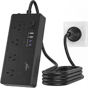 Zauzau Surge Protector Power Board - 4 Widely Outlets(10A/2400W) with 4 USB Ports(2 USB C), Powerboard with 1.5M Extension Cord, 1500J Surge Protection Double Switch, Home Office Accessories (Black)