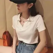 Short-Sleeve V-Neck Plain Polo Shirt White - M