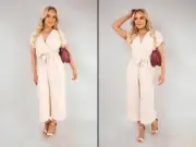 iKrush Short Sleeve Wide Leg Jumpsuit With Tie Waist Regular Length V Neck