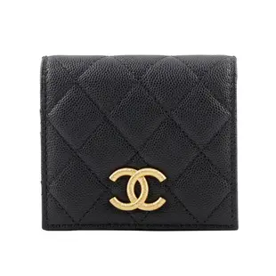 CHANEL 金色螺旋CC Logo 荔枝牛皮釦式零錢袋二折短夾(黑色) AP3519 B13703 94305