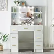 Dressing Table with LED Lighted Mirror, Vanity Desk with 7 Drawers,Stool,Dressing Table for Bedroom, White