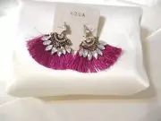 Aqua 2" Antique Gold Tone Jeweled Burgundy Tassel Drop Stud Earrings Y459 $32