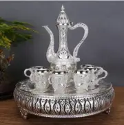 Vintage Turkish Tea Set Metal Coffee Water Set Silver Decor 1 Plate 1 Pot 6 Cup