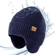 [TOP-EX] XL/XXL Unisex 80% Merino Wool Waterproof Beanie with Ear Flaps Warm Winter Hat Knitted Hat with Fleece Lining, 95562_Navy Blue, M/L