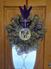 Custom Made Deco Mesh Mardi Gras Carnival Wreath with Mask 24"