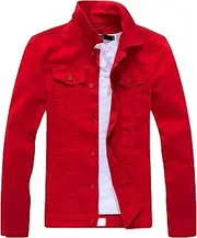 [JEShifangjiusu] Men Soild Rugged Wear Slim Truck Coat Casual Slim Denim Jacket, Red, XL