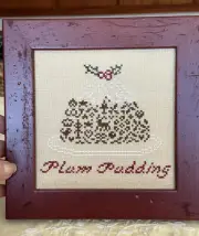 PLUM PUDDING Cross Stitch On Natural Linen And Professional Framed
