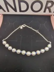 Pandora Treated Freshwater Cultured Pearl Blue Cord Chain Bracelet Auhentic NEW