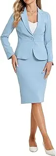 [Allegra K] Women's Mothers Day Costumes 2 Piece Skirt Suit Set Business Casual Long Sleeve Blazer and Pencil Skirt, Light Blue, M
