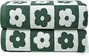 [Jacquotha] Green Bath Towels Set of 2 Checkered Floral - Quick Dry Cotton Towels Decorative Bathroom Essentials for Women Men Kids Gifts 27.5x55 Inches