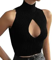 [Generic] Women Summer Cut Out Knitted Crop Top High Collar Sleeveless Sweather Ribbed Tank Top Vest