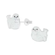 Solid 925 Sterling Silver White Seal Enamel Stud Earrings Animal Women Girls