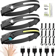 3 Pack Rechargeable LED Headlamp, Motion Sensor, 230 Wide Beam, Light Buddy Head