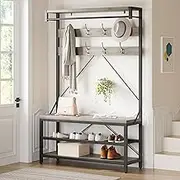Coat Rack Shoe Bench Industrial Hall Tree Storage Bench for Entryway Wood Look Accent Large Shoe Rack Bench with Storage Shelf Hanging Bar,8 Hooks Grey 39.9"x15.7"x72"