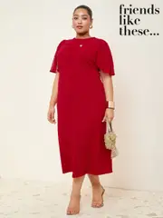 Friends Like These Red Curve Scuba Midi Dress With Chiffon Overlay (F49560) | $115