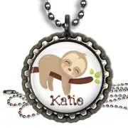 Personalized Sloth Bottle Cap Necklace with Chain Handcrafted Kids Jewelry