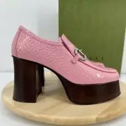 Gucci Horsebit Leather Platform Loafers EUR 39 US 9 Pink Croc Embossed NEW