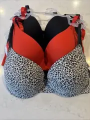 Kensie Set of 3 - 36DD Gentle Lift Tag Free Push Up Bras Black Red Cheetah NWT