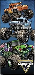 Monster Jam Team Up Kids Bath/Pool/Beach Towel - Features Grave Digger & Megalodon - Super Soft & Absorbent Cotton Towel, Measures 28 x 58 inches (Official Monster Jam Product)