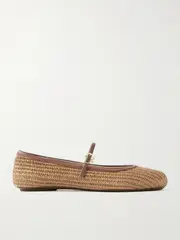 [Gianvito Rossi] Gianvito Rossi - Carla Leather-trimmed Raffia Mary Jane Ballet Flats - Tan - IT42 IT 42 Brown