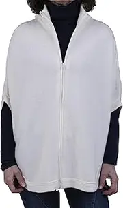 [Marenza] Zip Up Cashmere Blend Double Yarn Poncho for Women Made in Italy Merino Wool Cashmere Zip Black Beige White Blue Grey Knitted Cape Scarf, White, One size