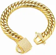 Aiyidi Gold Dog Chain Collar Strong Double Cuban Link Chain Collar with Zirconia Lock Luxury Dog Necklace,Stainless Steel 16MM Dog Collar for Medium Large Dog (10'')