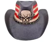 Hard shell Paper Straw WINGED SKULL STRIPES COWBOY HAT WESTERN Rigid Structure