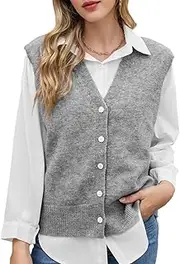 [Blostirno] Women's Button Down Sweater Vest V Neck Sleeveless Open Front Cardigan Vests Casual Knitted Tank Tops Clothes