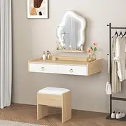ALFORDSON Wall-Mounted Dressing Table Set 77cm Wood White Color, Compact Drawers and Storage Stool Sets, Floating Makeup Dessk with LED Light Mirror