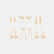 6 Pack Bow, Flower and Faux Pearl Earrings - Gold Tone