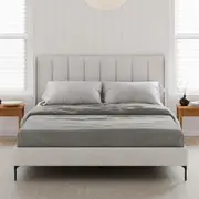 Ivory White Boucle Upholstered Bed Frame with Winged Vertical Lined Bed Head in King, Queen and Double Size